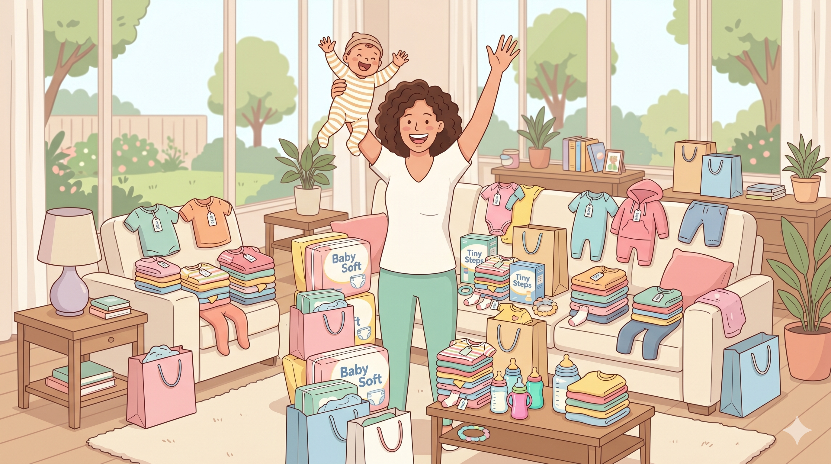 Mãe comemorando ofertas com o bebê no colo